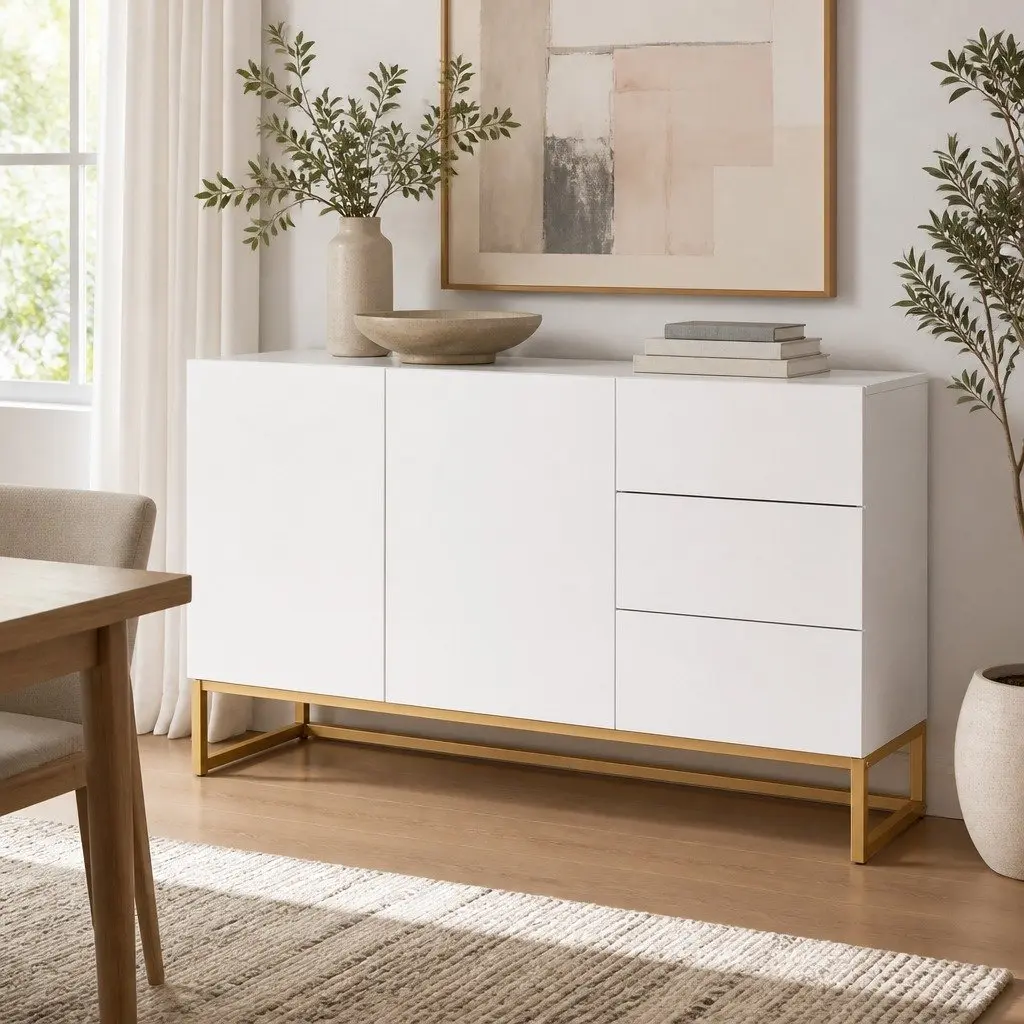 White Sideboard Storage Cabinet with Push Drawers