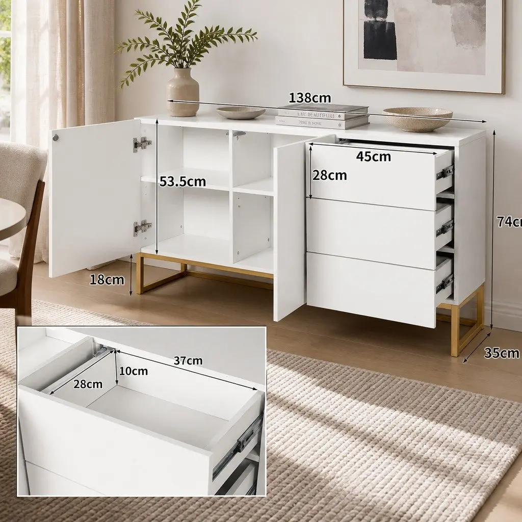 White Sideboard Storage Cabinet with Push Drawers