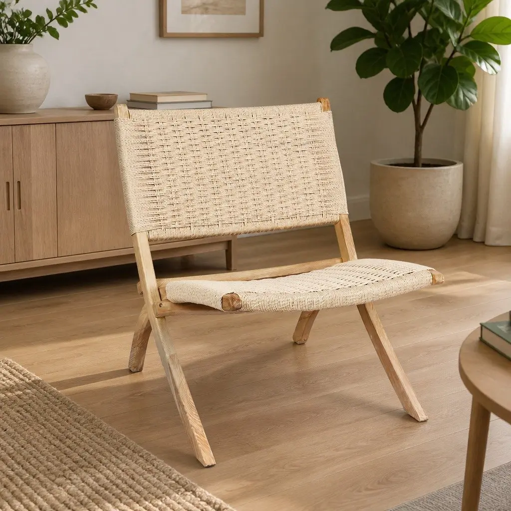 Folding Accent Chair Ash Wood Natural 66cm L x 64cm W x 77cm H Rope Seat Indoor Outdoor Furniture