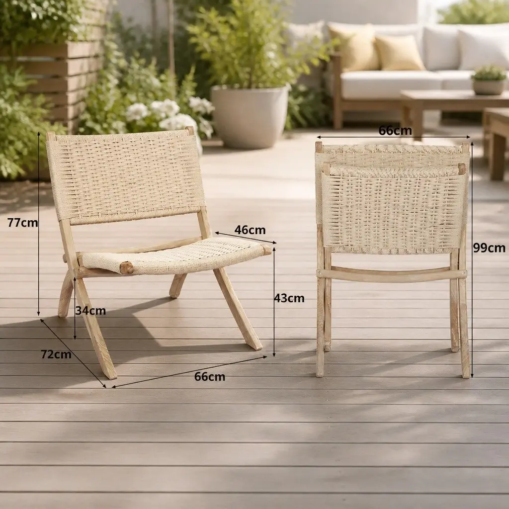 Folding Accent Chair Ash Wood Natural 66cm L x 64cm W x 77cm H Rope Seat Indoor Outdoor Furniture
