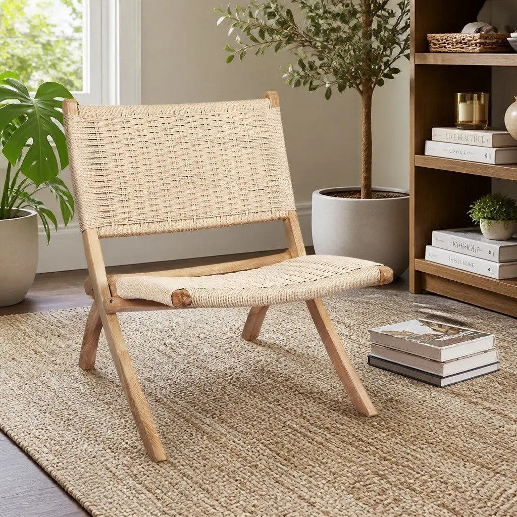 Folding Accent Chair Ash Wood Natural 66cm L x 64cm W x 77cm H Rope Seat Indoor Outdoor Furniture