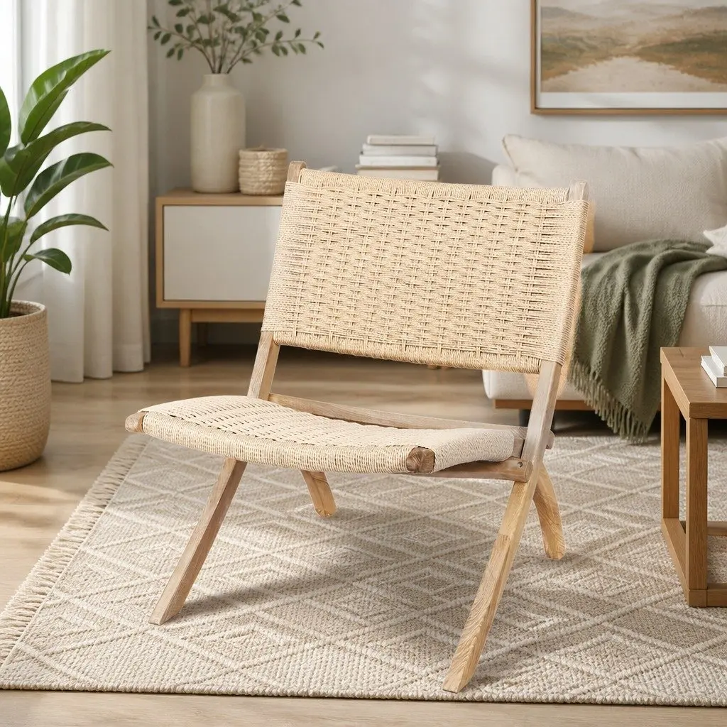 Folding Accent Chair Ash Wood Natural 66cm L x 64cm W x 77cm H Rope Seat Indoor Outdoor Furniture