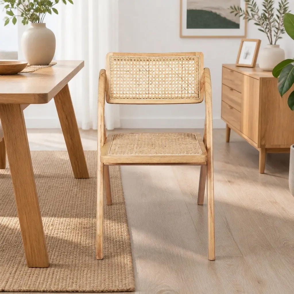 Dining Chairs Rattan Rubber Wood Foldable Natural 4 Piece