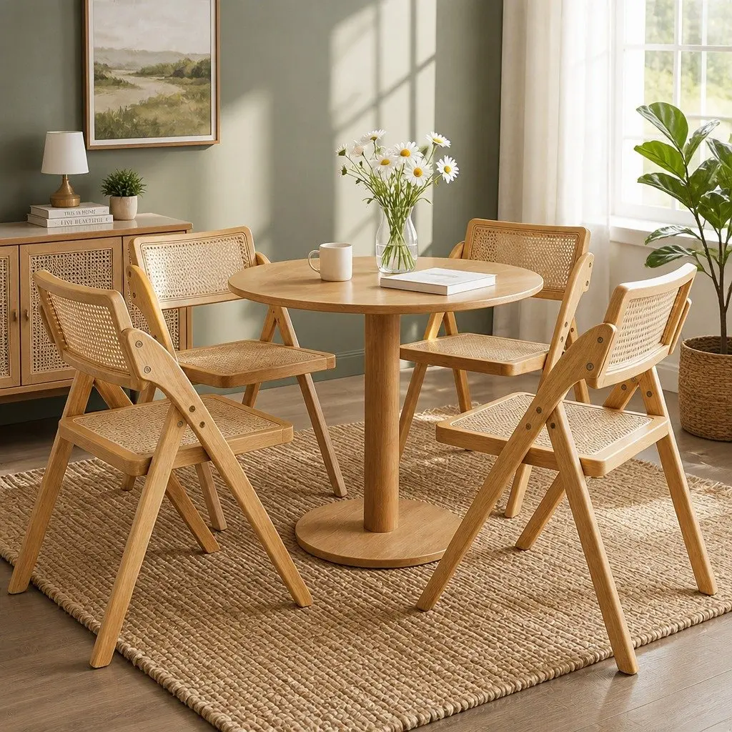 Dining Chairs Rattan Rubber Wood Foldable Natural 4 Piece