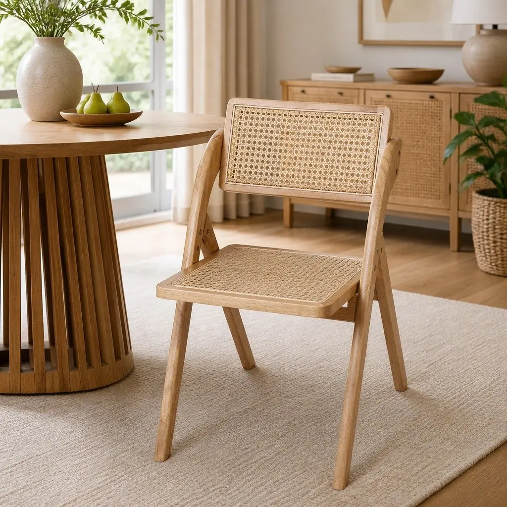 Dining Chairs Rattan Rubber Wood Foldable Natural 4 Piece