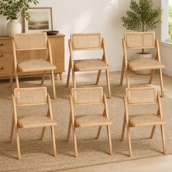 Set of 6 Rattan Dining Chairs with Natural Wood Style