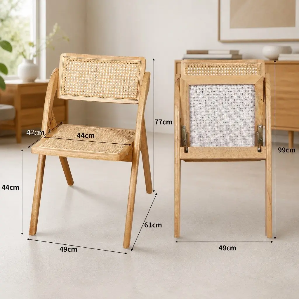 Foldable Dining Chairs Rubber Wood Rattan Natural 8 Piece