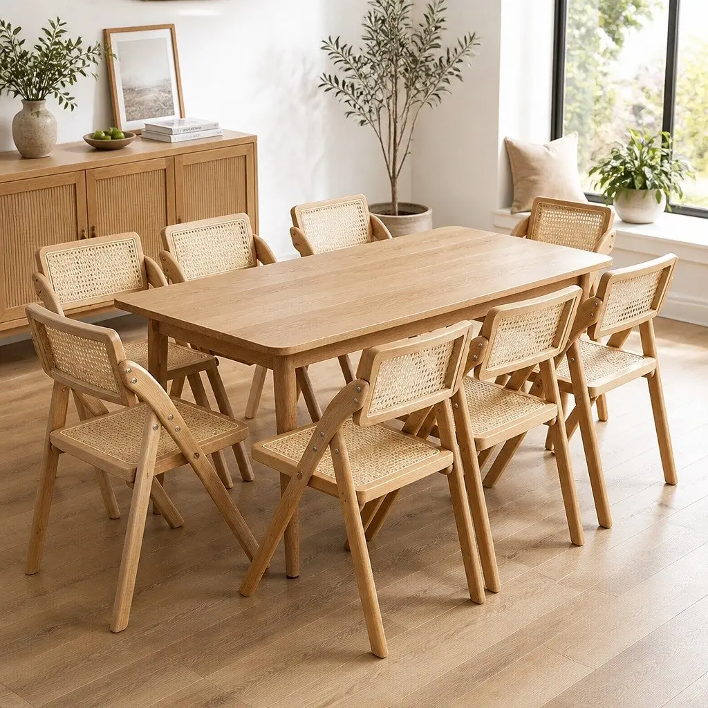Foldable Dining Chairs Rubber Wood Rattan Natural 8 Piece