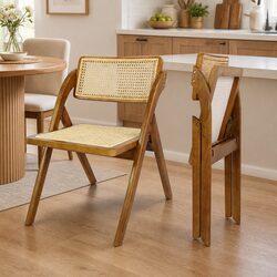 Walnut Wooden Seat Foldable Rattan Dining Chairs (Set of 2)