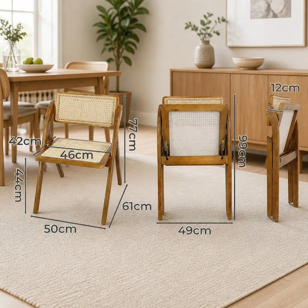 Foldable Dining Chairs Rubber Wood Rattan Weaving Walnut 2 Piece