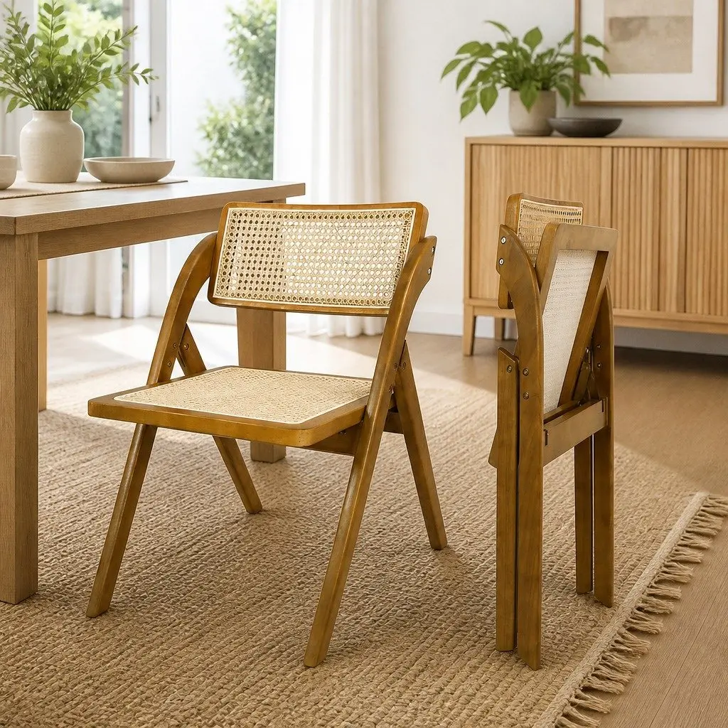 Foldable Dining Chairs Rubber Wood Rattan 50cm L x 61cm W x 77cm H Walnut Set of 4