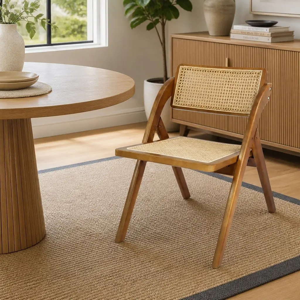 Foldable Dining Chairs Rubber Wood Rattan 50cm L x 61cm W x 77cm H Walnut Set of 4