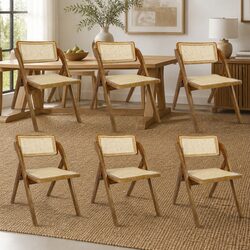 Set of 6 Foldable Rattan Dining Chairs with Rubber Wood Frame
