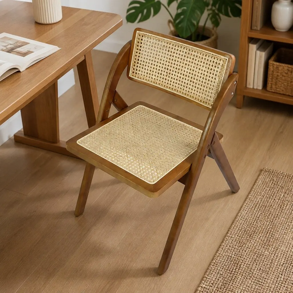 Foldable Rattan Dining Chairs Set of 8 Walnut Wood Frame Lounge Seating