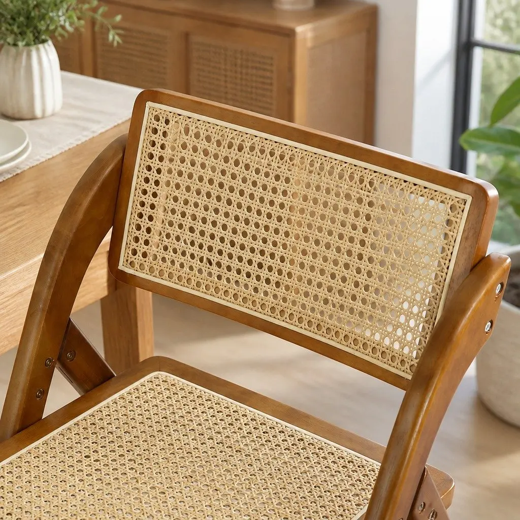 Foldable Rattan Dining Chairs Set of 8 Walnut Wood Frame Lounge Seating