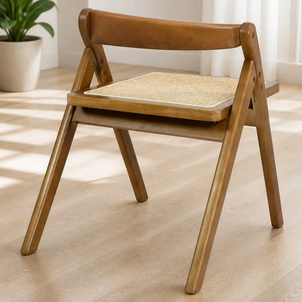 Foldable Rattan Dining Chairs Set of 8 Walnut Wood Frame Lounge Seating