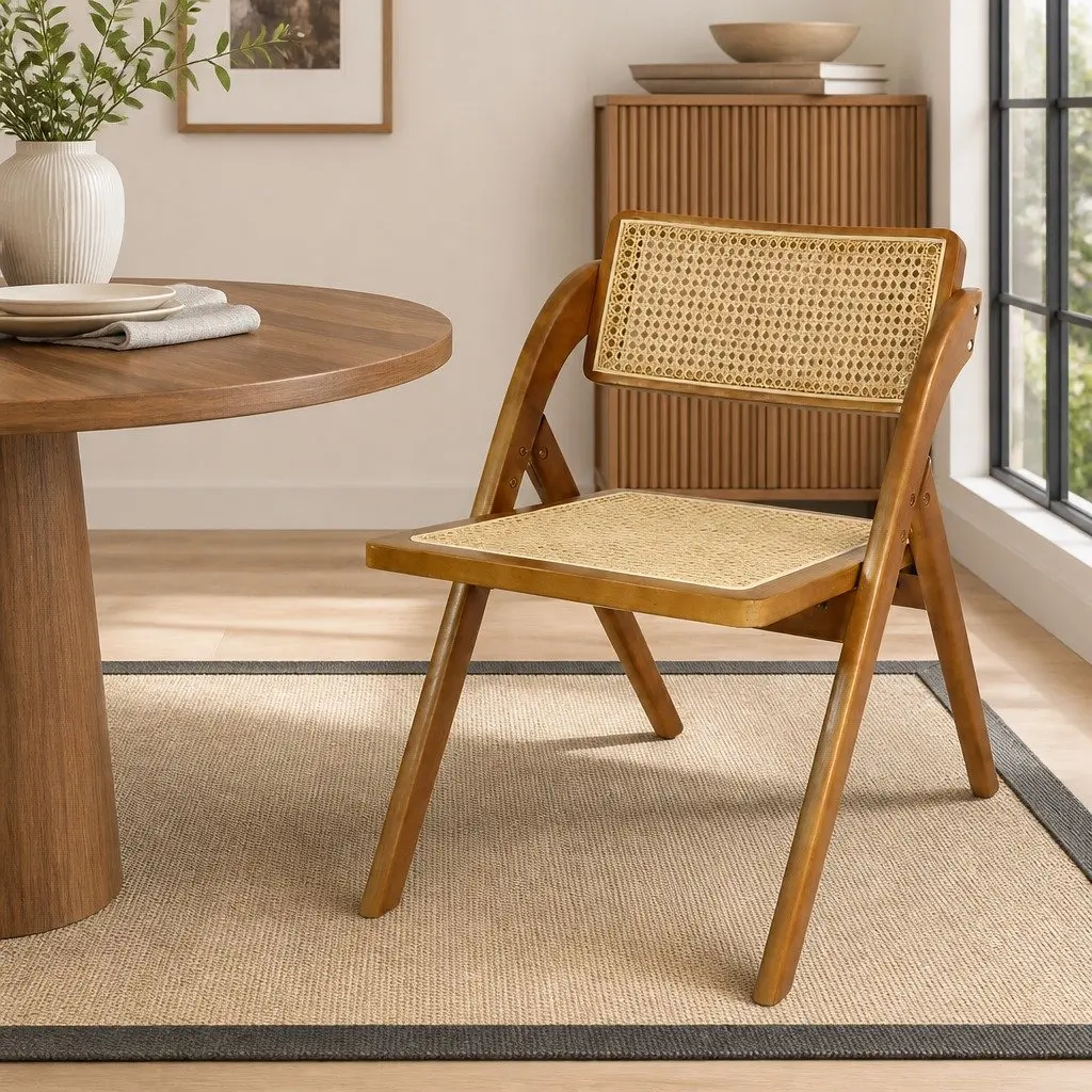 Foldable Rattan Dining Chairs Set of 8 Walnut Wood Frame Lounge Seating