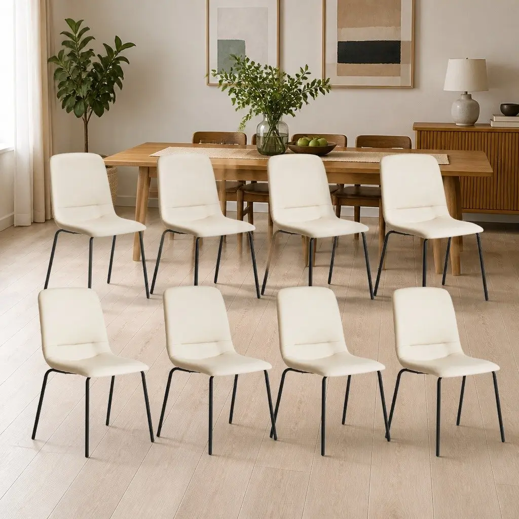 Stackable Dining Chairs PU Leather Steel Frame Beige 8 Piece