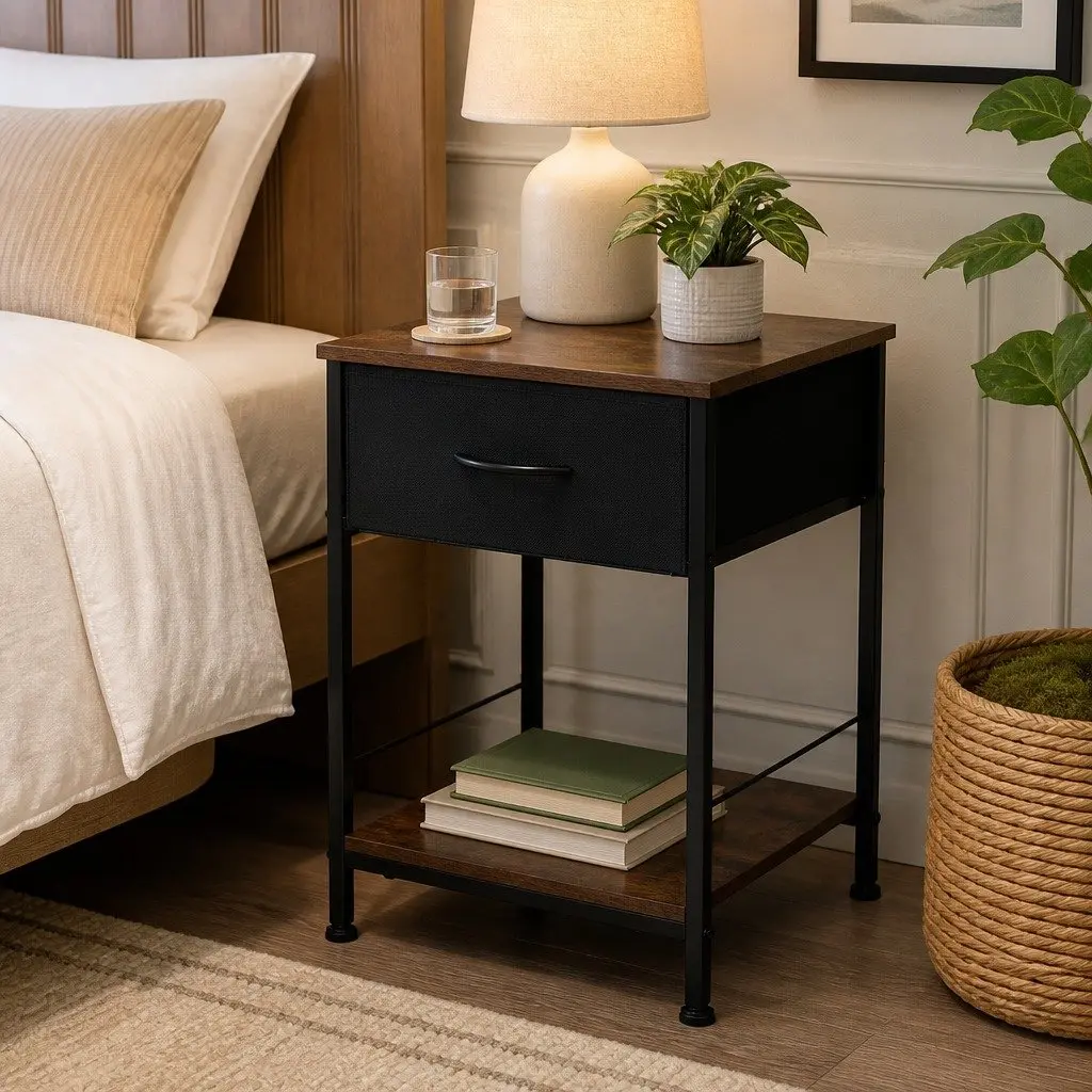 Metal Frame Bedside Table with MDF Top and Drawer