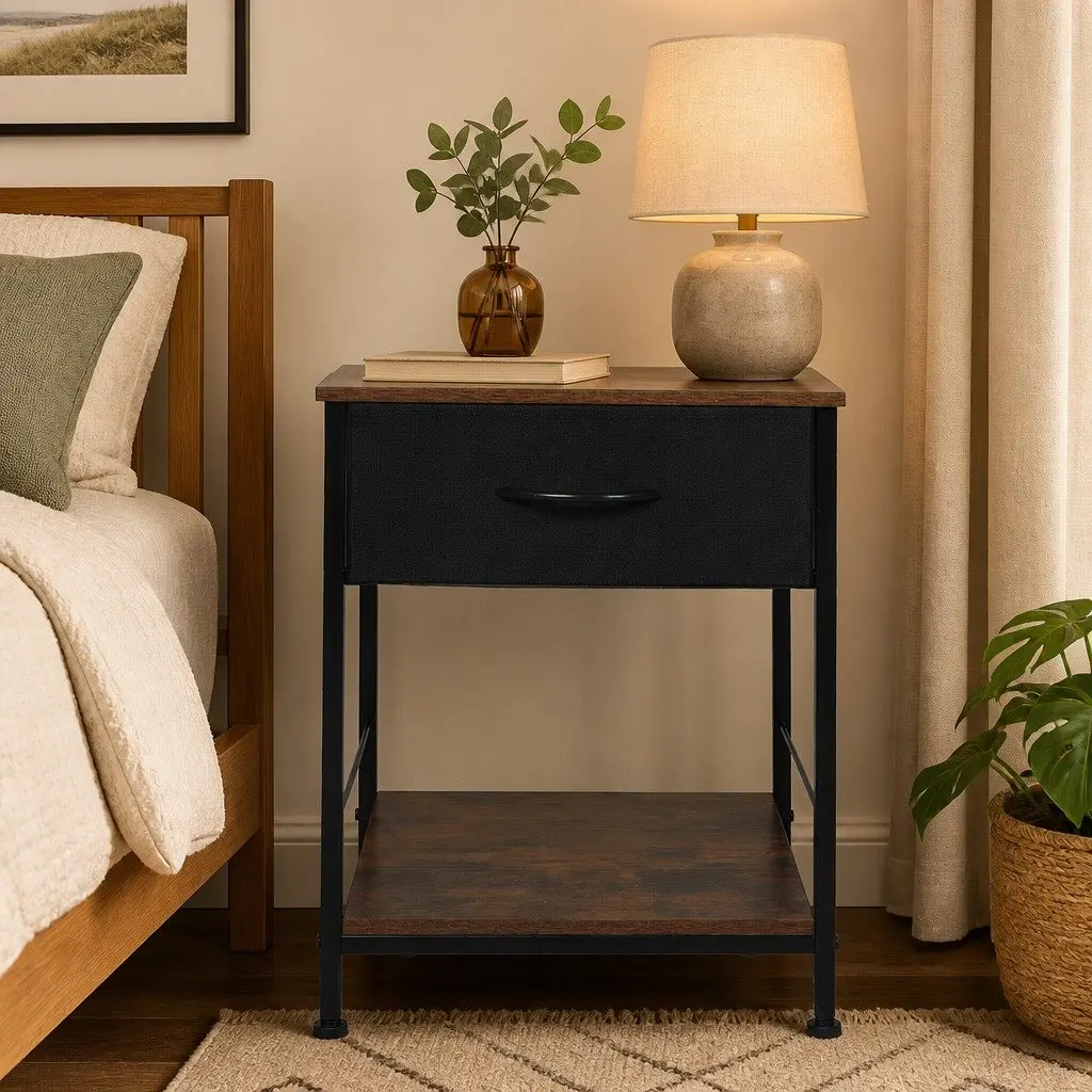 Metal Frame Bedside Table with MDF Top and Drawer