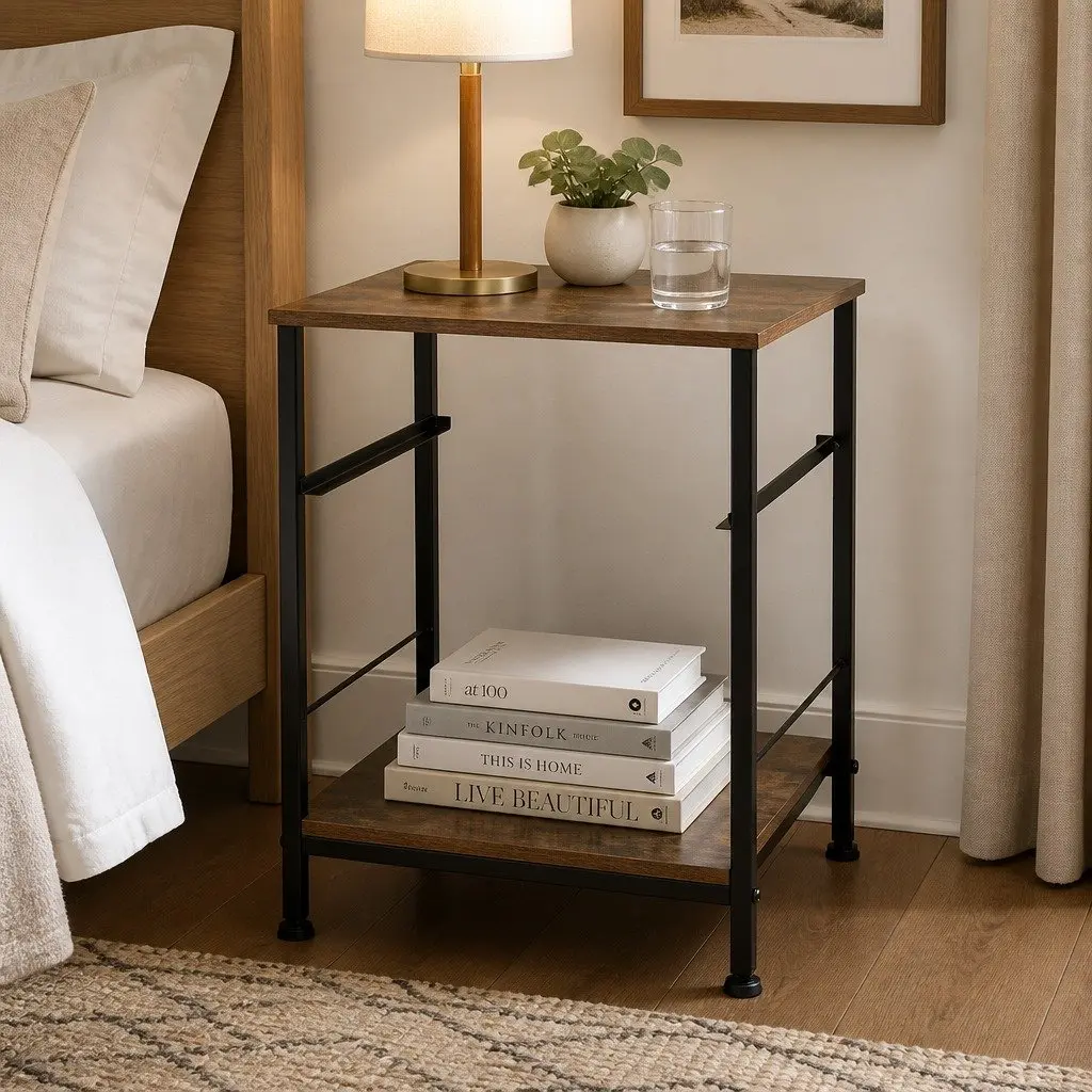 Metal Frame Bedside Table with MDF Top and Drawer