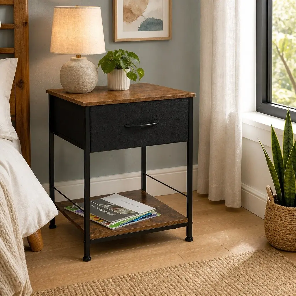 Metal Frame Bedside Table with MDF Top and Drawer