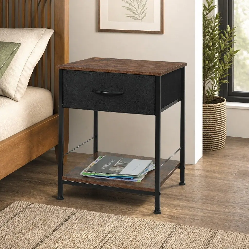 Metal Frame Bedside Table with MDF Top and Drawer