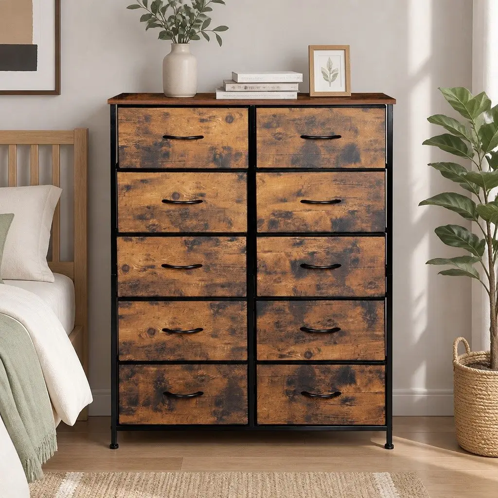 Storage Cabinet MDF Steel 88cm x 30cm x 112cm Brown 10 Drawer Organiser Unit