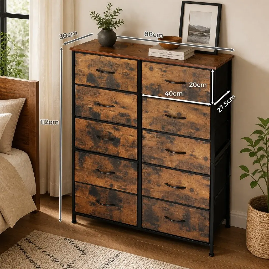 Storage Cabinet MDF Steel 88cm x 30cm x 112cm Brown 10 Drawer Organiser Unit