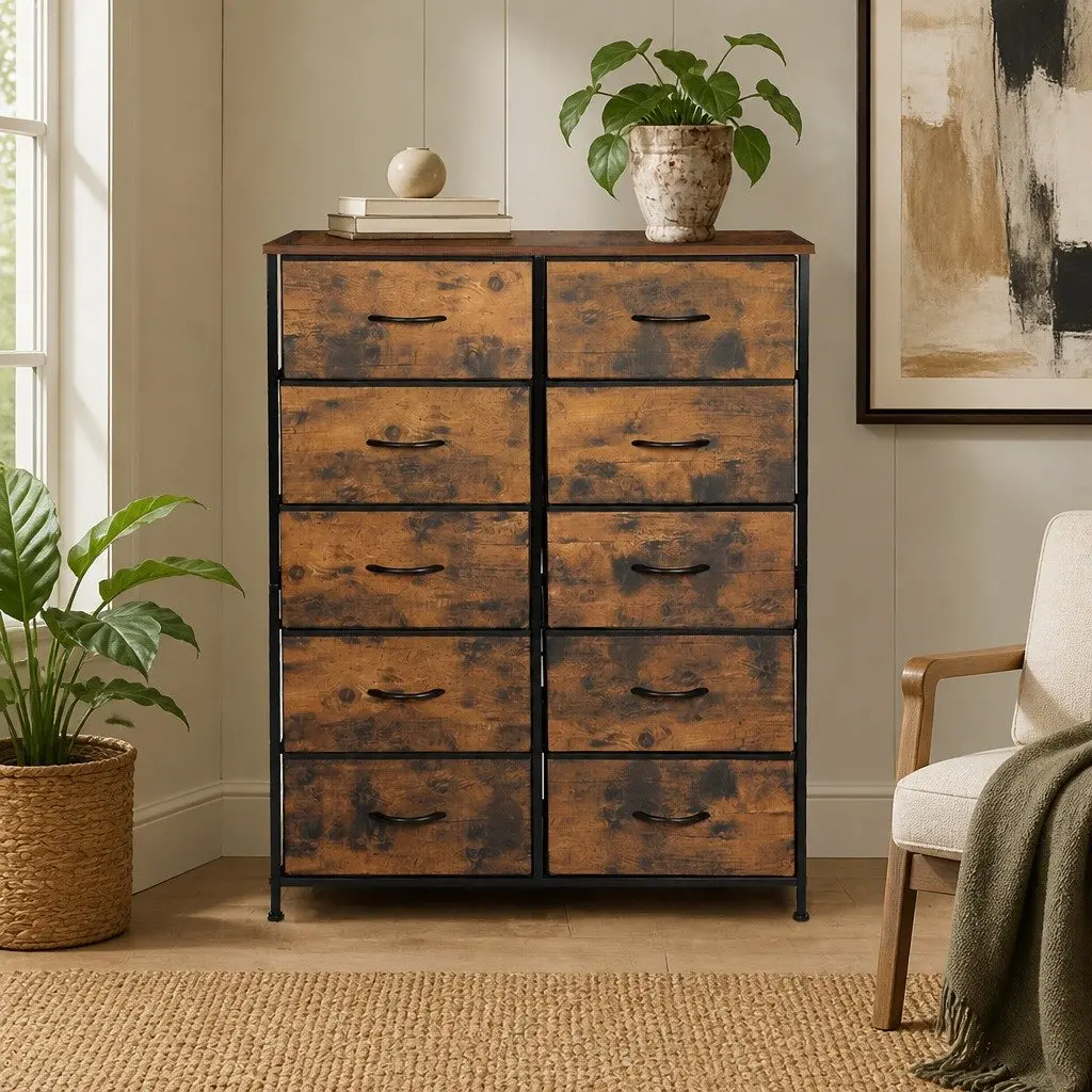 Storage Cabinet MDF Steel 88cm x 30cm x 112cm Brown 10 Drawer Organiser Unit