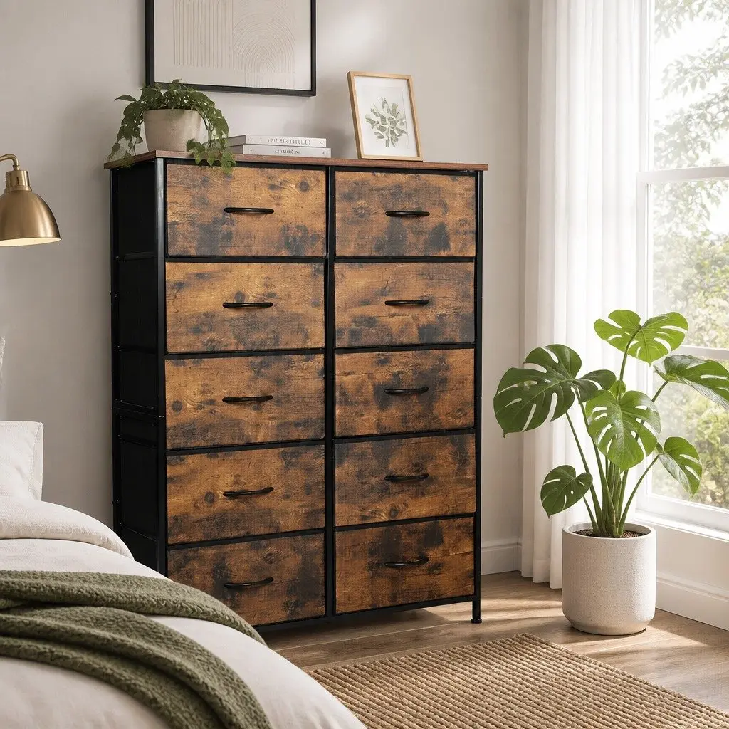 Storage Cabinet MDF Steel 88cm x 30cm x 112cm Brown 10 Drawer Organiser Unit