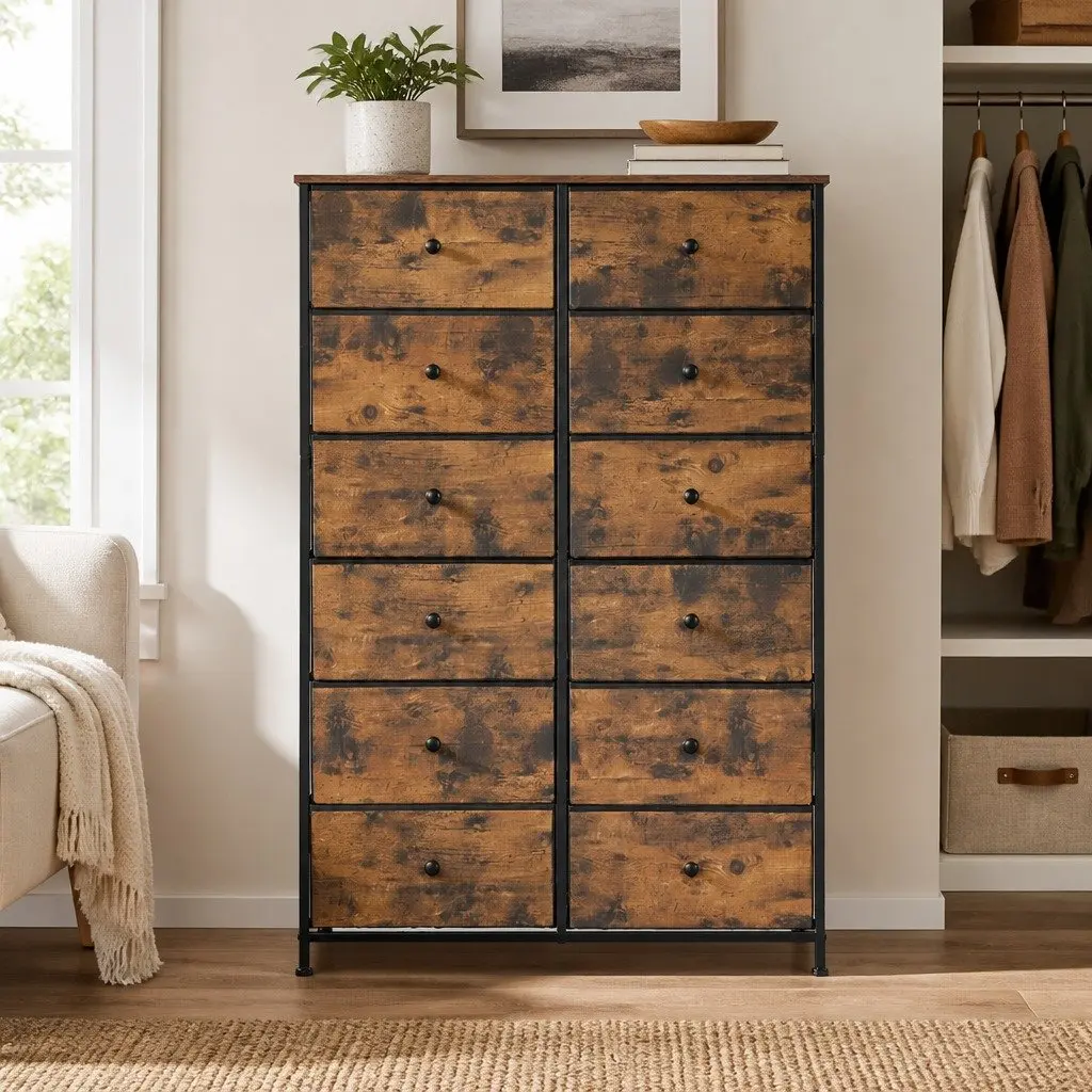 Storage Cabinet MDF Steel 12 Drawers Brown 88cm x 30cm x 133cm