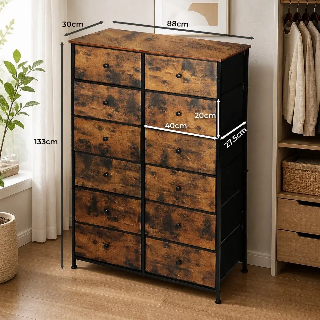 Storage Cabinet MDF Steel 12 Drawers Brown 88cm x 30cm x 133cm
