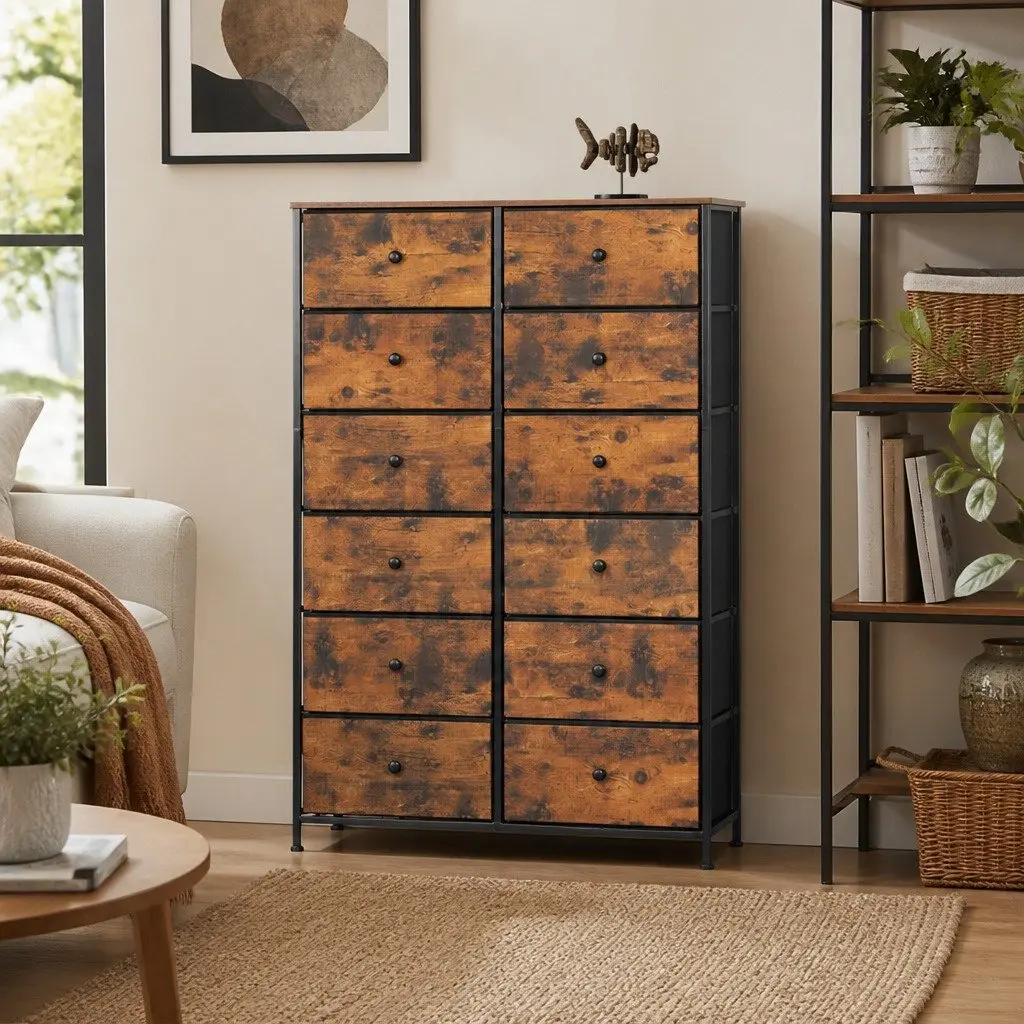 Storage Cabinet MDF Steel 12 Drawers Brown 88cm x 30cm x 133cm