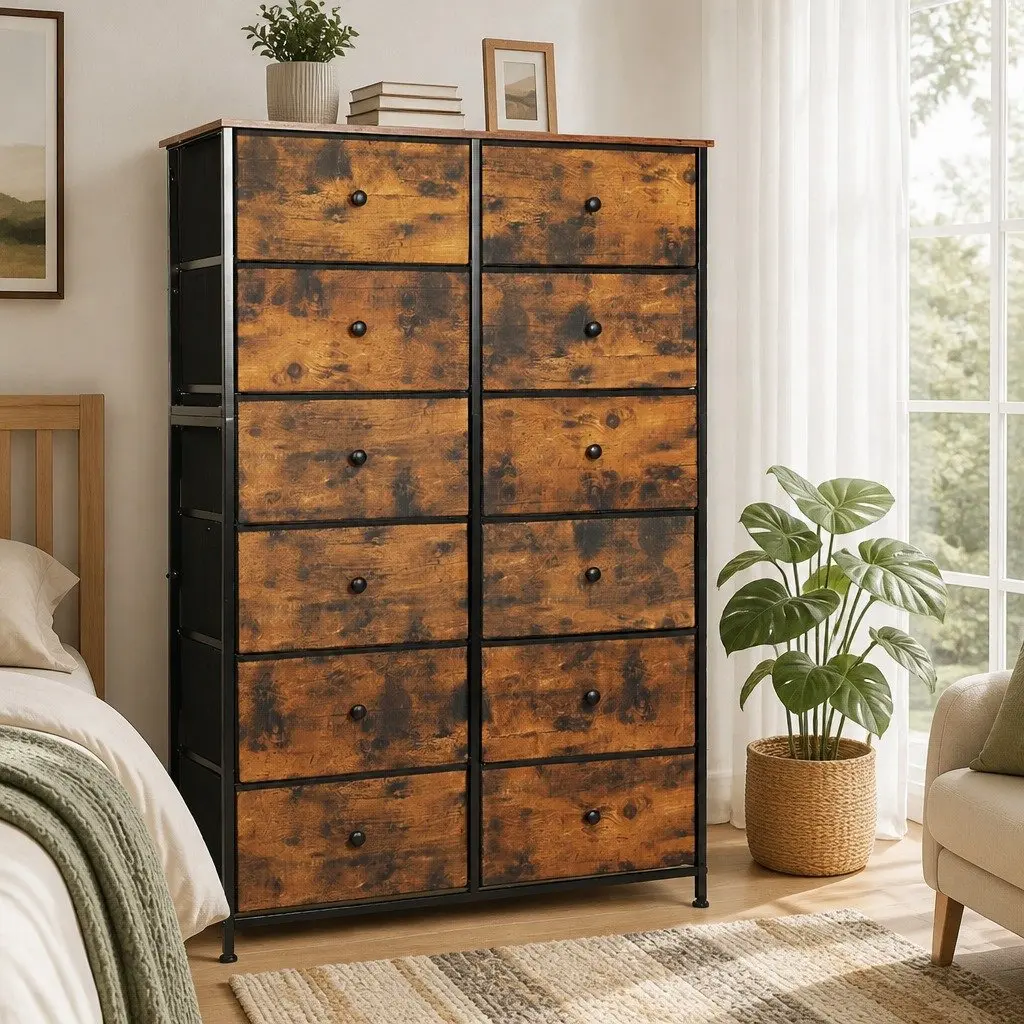 Storage Cabinet MDF Steel 12 Drawers Brown 88cm x 30cm x 133cm