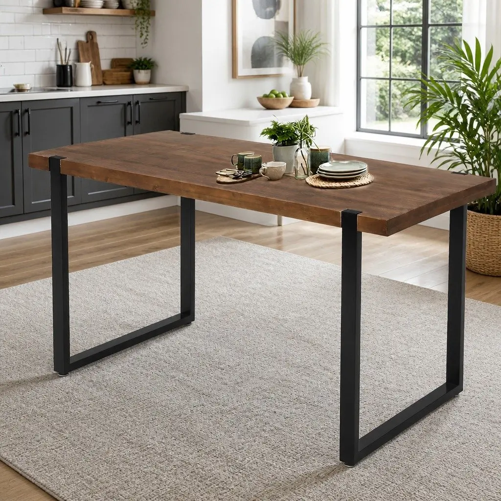 Industrial Dining Table with Solid Pine Wood Top