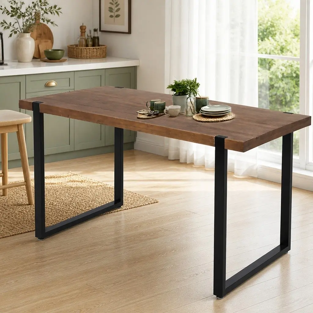 Industrial Dining Table with Solid Pine Wood Top
