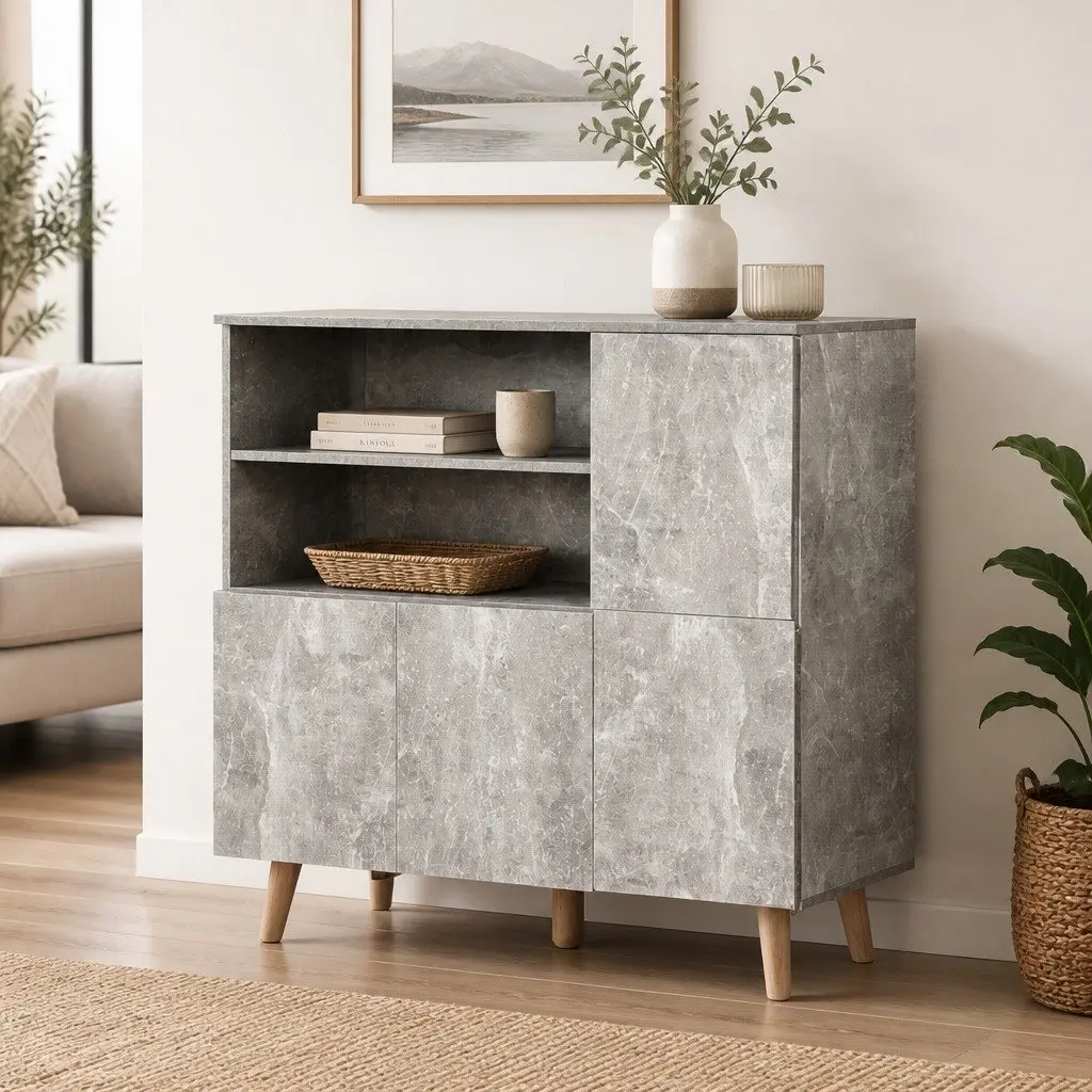 Grey Buffet Sideboard with Open Shelves