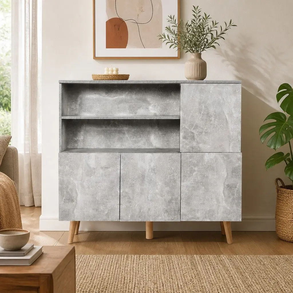 Grey Buffet Sideboard with Open Shelves