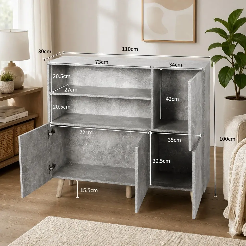 Grey Buffet Sideboard with Open Shelves