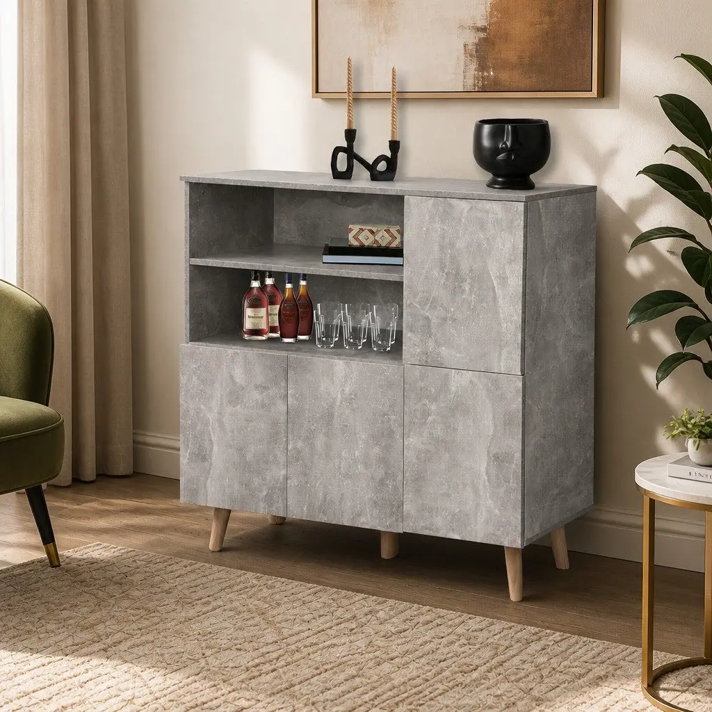 Grey Buffet Sideboard with Open Shelves