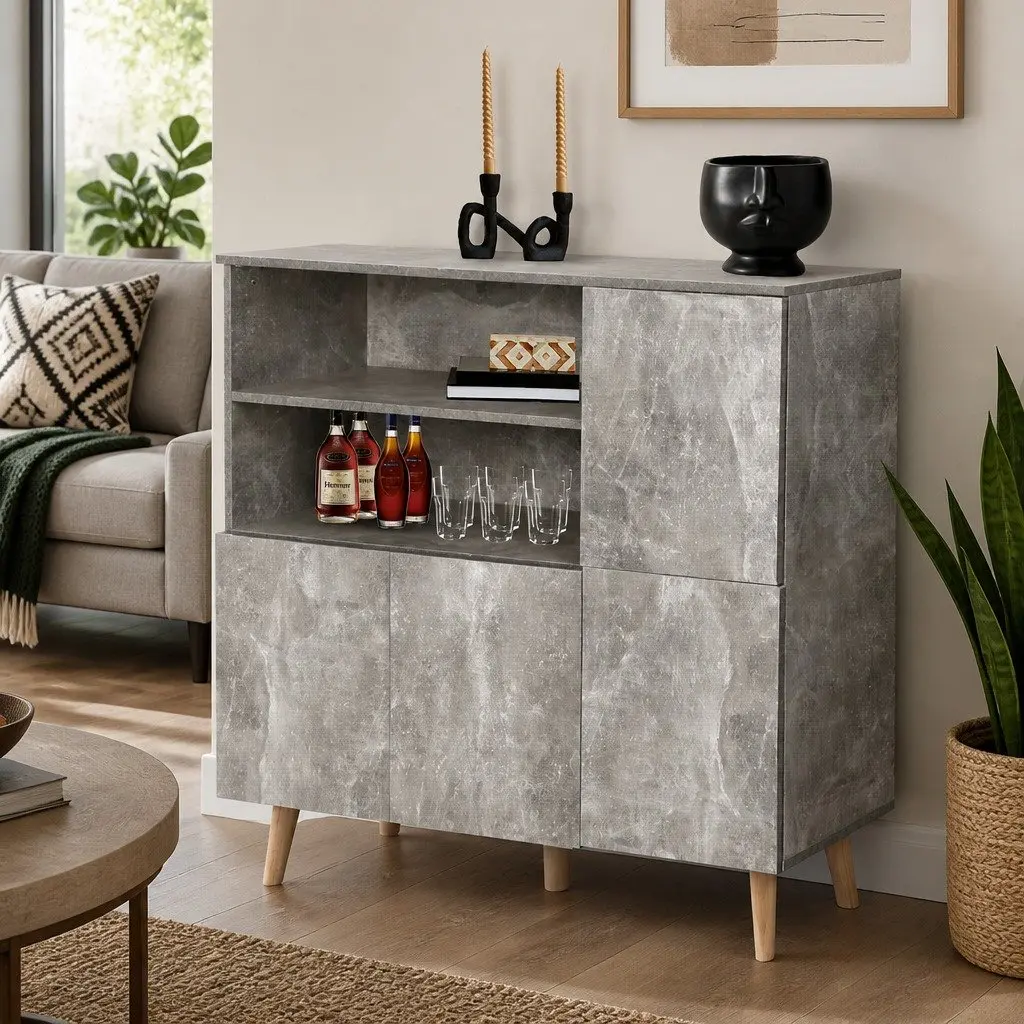 Grey Buffet Sideboard with Open Shelves