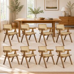 8-Piece Natural Armrest Dining Chair Set with Rattan Weave