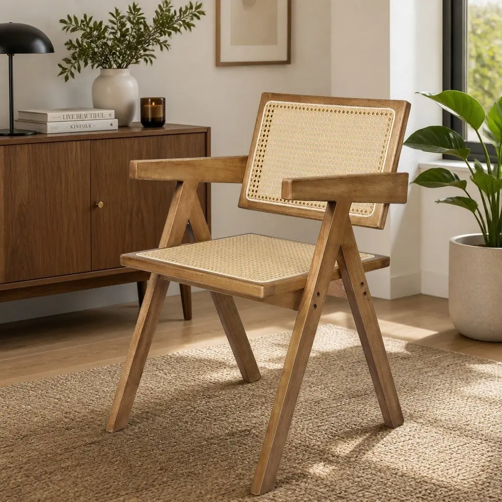 Set of 2 Solid Wood Dining Chairs with Rattan Weave