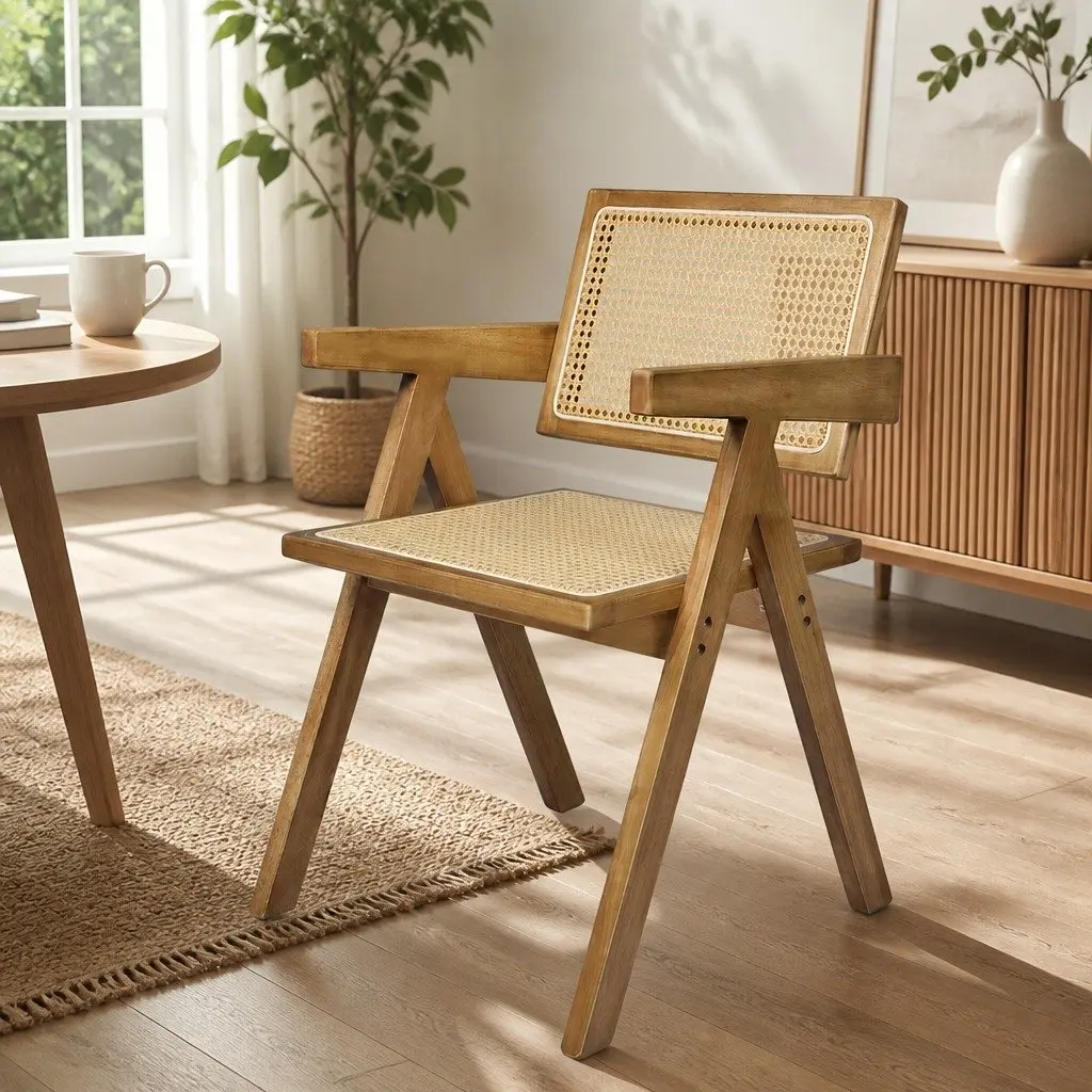 Set of 2 Solid Wood Dining Chairs with Rattan Weave