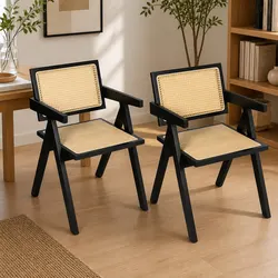 Stylish Wicker Armchair Dining Chair with Black Rattan Backrest