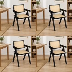 Set of 4 Black Rattan Armchairs with Sturdy Wooden Frames