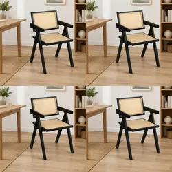 Set of 4 Black Rattan Armchairs with Sturdy Wooden Frames