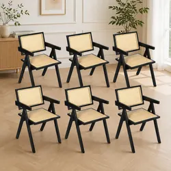 Set of 6 Black Wicker Armchairs with Rattan Backrest