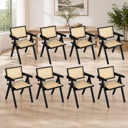 Set of 8 Black Wicker Armchairs with Rattan Backrest